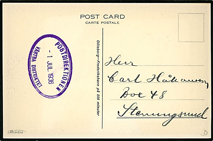 Kronprinsessan Ingrid, M/S, Göteborg-Frederikshavn færge. Reklamekort med stempel Postdirektionen Västra Distriktet d. 1.7.1936. 