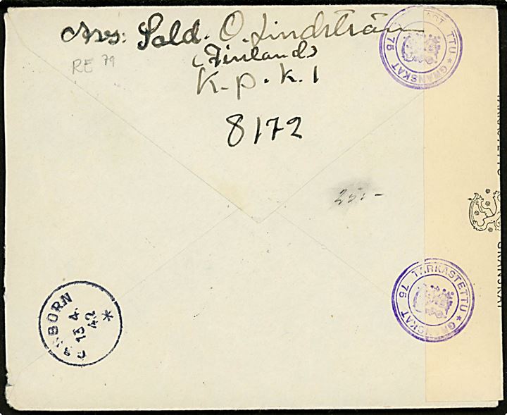 2,75 mk. + 25 pen. Våbenbrødre på brev annulleret med liniestempel KENTTÄPOSTIA til Gåsborn, Sverige - eftersendt til Skövde. Sendt fra soldat ved feltpost adresse KpK 1/8172 (= EK/RTR 14) og åbnet af finsk censur no. 75.