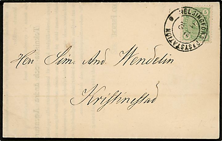 5 pen. Våben single på tryksag stemplet Helsingfors Poststation d. 11.12.1885 til Kristinestad.