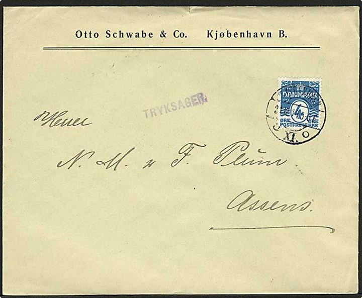 4 øre Bølgelinie single på tryksag fra Kjøbenhavn d. 21.12.1914 til Assens.