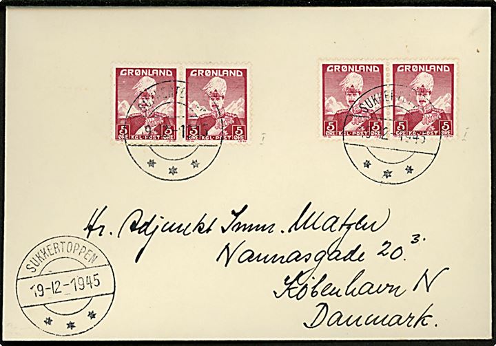 5 øre Chr. X i to parstykke på lille brev annulleret Sukkertoppen d. 19.12.1945 til København, Danmark.