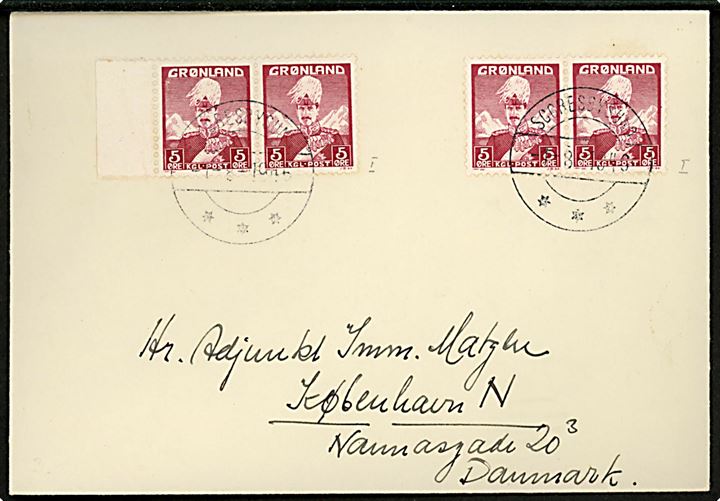 5 øre Chr. X i to parstykke på lille brev annulleret  Scoresbysund d. 1.8.1946 til København, Danmark.