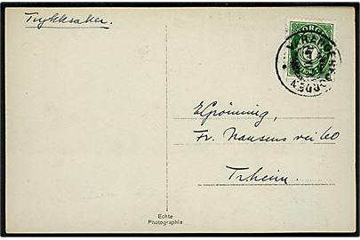 7 øre Posthorn single på brevkort sendt som tryksag og annulleret med sejlende postkontor Varangerfjorden * d. 9.11.1928 til Trondheim. 