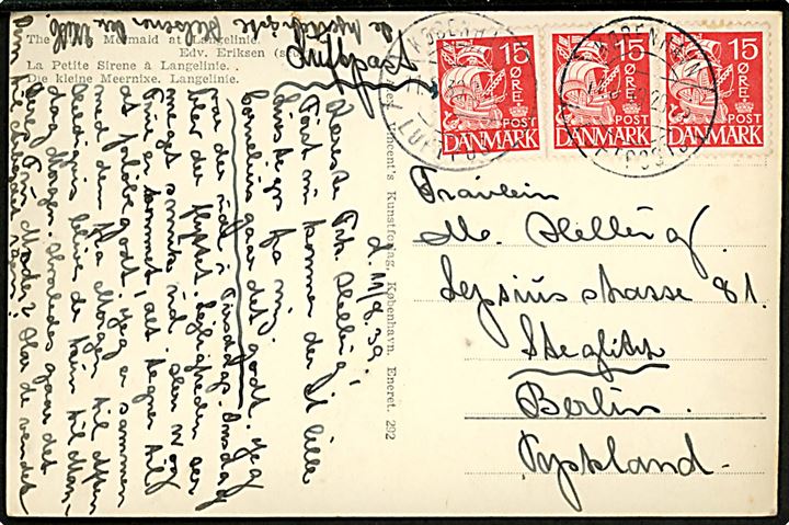 15 øre Karavel (3) på brevkort (Lille Havfrue) annulleret København Luftpost sn3 d. 11.8.1939 til Berlin, Tyskland.
