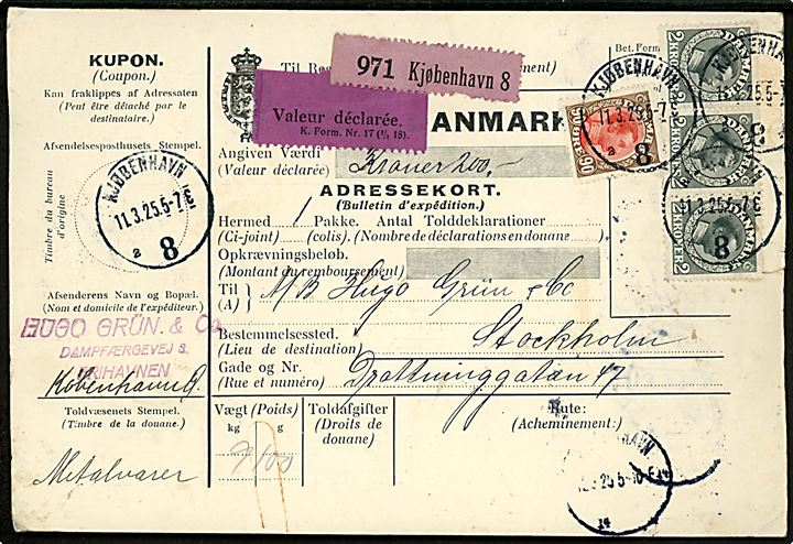90 øre og 2 kr. (3-stribe) Chr. X på internationalt adressebrev for værdipakke fra Kjøbenhavn 8 d. 11.3.1925 til Stockholm, Sverige. Folder.