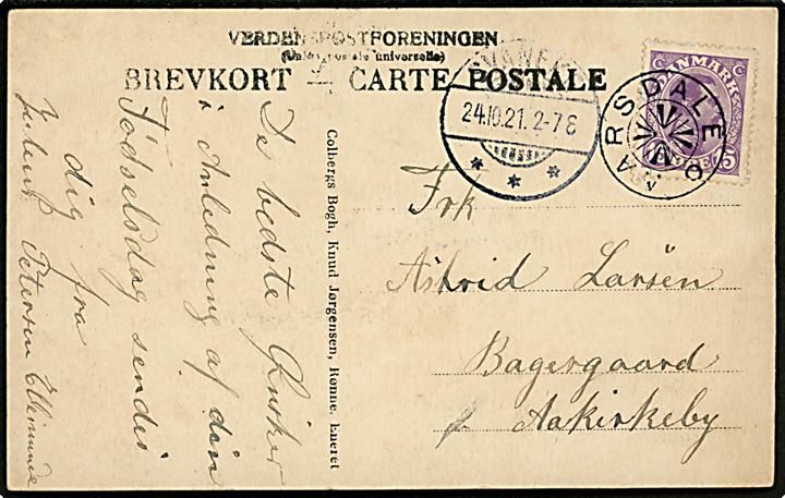 15 øre Chr. X på brevkort (Kongemindet i Almindingen) annulleret med stjernestempel AARSDALE og sidestemplet Svaneke d. 24.10.1921 til Aakirkeby.