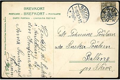 3 øre Bølgelinie på lokalt brevkort annulleret med stjernestempel HAASUM og sidestemplet Skive d. 1.10.1910 til Balling pr. Skive.
