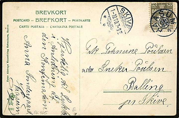 3 øre Bølgelinie på lokalt brevkort annulleret med stjernestempel HAASUM og sidestemplet Skive d. 1.10.1910 til Balling pr. Skive.