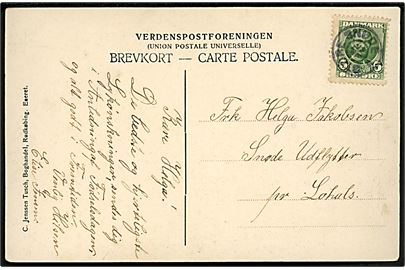 5 øre Fr. VIII på brevkort (Tranekjær Slot) annulleret med stjernestempel STORE SNØDE til Snøde Udflyttere pr. Lohals.