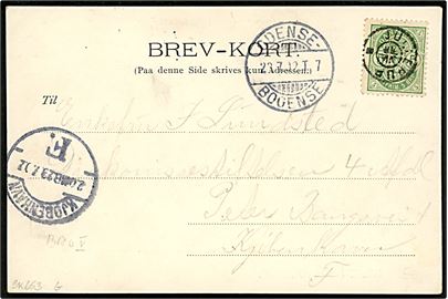 5 øre Våben på brevkort (Hilsen fra Odense) annulleret med stjernestempel JULLERUP og sidestemplet bureau Odense - Bogense T.7 d. 23.7.1912 til Kjøbenhavn.