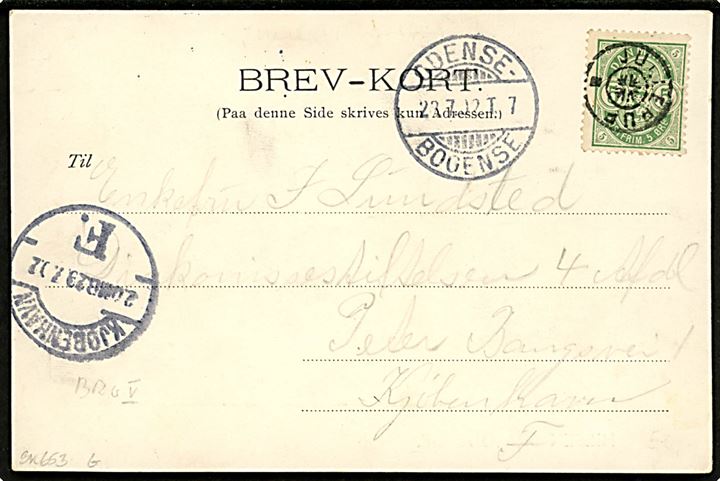 5 øre Våben på brevkort (Hilsen fra Odense) annulleret med stjernestempel JULLERUP og sidestemplet bureau Odense - Bogense T.7 d. 23.7.1902 til Kjøbenhavn.