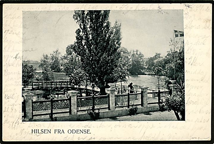 5 øre Våben på brevkort (Hilsen fra Odense) annulleret med stjernestempel JULLERUP og sidestemplet bureau Odense - Bogense T.7 d. 23.7.1902 til Kjøbenhavn.
