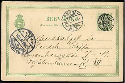 5 øre Våben helsagsbrevkort annulleret med stjernestempel PEDERSKER og sidestemplet bureau Rønne - Nexø T.,6 d. 25.2.1904 til Kjøbenhavn. Lille lukket rift.