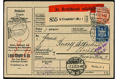 20 pfg. Adler, 50 pfg. og 100 pfg. (par) Ciffer på for- og bagside af internationalt adressekort for pakke fra Frankfurt d. 5.3.1925 via Berlin til Stockholm, Sverige.