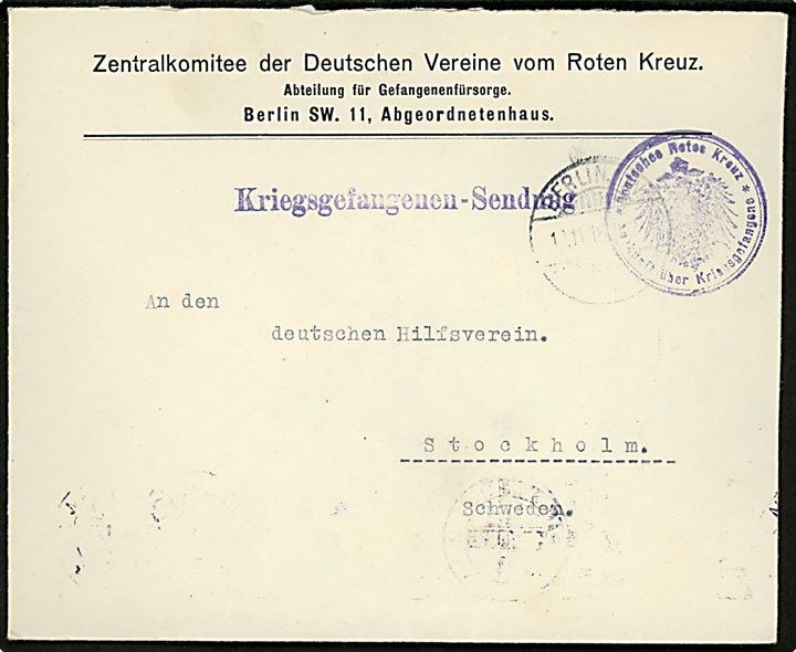 Ufrankeret fortrykt kuvert fra Zentralkomitee der Deutschen Vereine vom Roten Kreuz stemplet Berlin SW Abgeordnetenhaus d. 12.11.1916 til Deutschen Hilfsverein i Stockholm, Sverige.