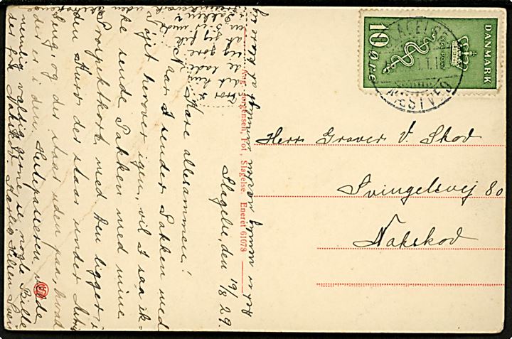 10+5 øre Kræftmærke på brevkort fra Slagelse annulleret med bureaustempel Slagelse - Næstved T.1?? d. 19.8.1929 til Næstved.