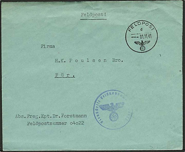 Ufrankeret tysk feltpostbrev stemplet Feldpost d. 1.11.1941 fra Freg. Kpt. Dr. Forstmann ved feldpost-nr. 04022 = Wehrmacht-Wirtschafts-Stab Dänemark i København til Fur. Blåt briefstempel.