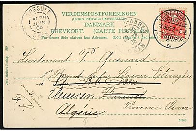 10 øre Chr. IX på brevkort fra Kjøbenhavn d. 23.06.1905 til fransk løjtnant P. Guinard i Fremmedlegionen ved 1. Regiment Etranger i Bossuet, Algier - eftersendt til bl.a. Sidi-bel-Abbes. Flot anvendelse til Nordafrika.