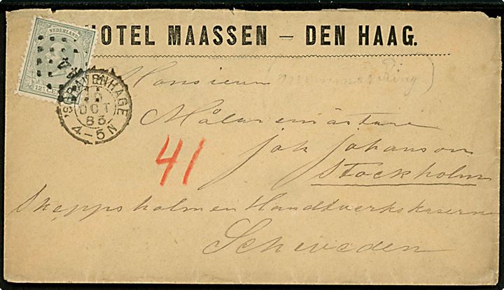 12½ c. Willem III single på brev annulleret med nr.stempel 44 og 'sGravenhage d. 10.10.1883 til Stockholm, Sverige.