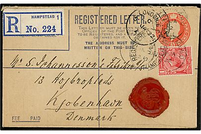 5d George V anbefalet helsagskuvert opfrankeret med 1d George V fra Hampstead d. 22.1.1922 til Kjøbenhavn, Danmark.