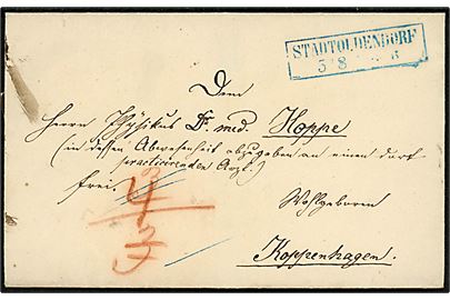 Francobrev påskrevet Frei med rammestempel Stadtoldendorf d. 5.8.18xx via K.D.O.P.A. Hamburg d. 6.8.18xx til København. Flere portopåtegninger.