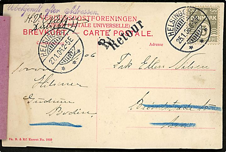 3 øre Bølgelinie på lokalt brevkort (Casino Marienlyst, Helsingør - urent skåret) i Helsingør d. 25.1.1906. Ubekendt og returneret med violet forespørgselsetiket.