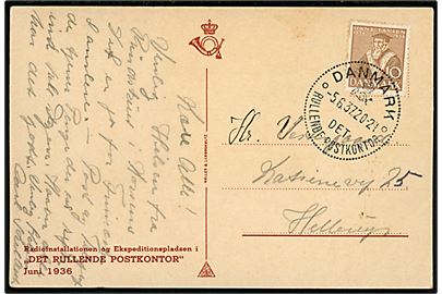 10 øre Tavsen på brevkort annulleret med særstempel Danmark * Det rullende Postkontor * d. 5.6.1937 til Hellerup. Det rullende postkontor var opstillet i Horsens i dagene 5.-6. juni 1937 i forbindelse med Dyreskue
