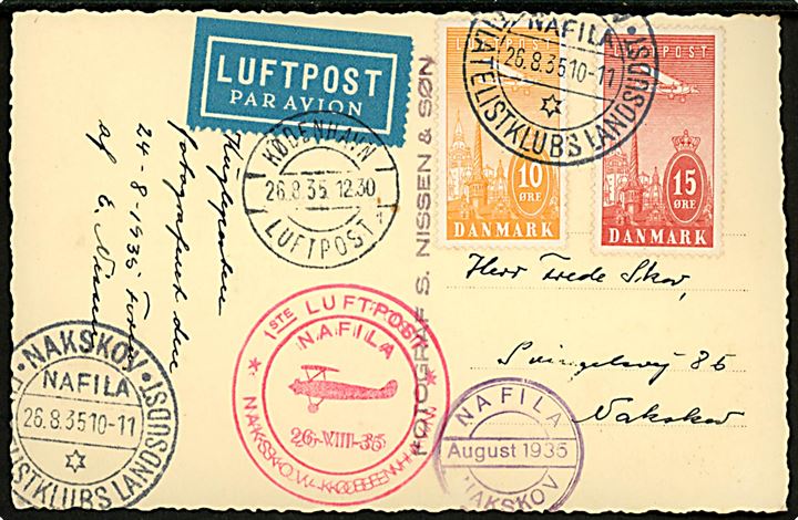 10 øre og 15 øre Luftpost på luftpostbrevkort (Kugleposten ved Nakskov postkontor) annulleret med særstempel Nafila Nakskov d. 26.8.1936 via København til Nakskov.