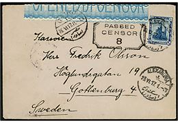 10 mills på brev med fuldt indhold fra sømand ombord på S/S Ceylon i Alexandria d. 23.6.1917 via Cairo til Göteborg, Sverige. Åbnet af egyptisk censur no. 8