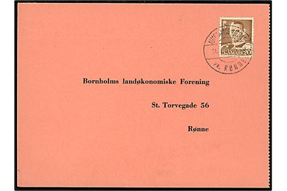 20 øre Fr. IX på brevkort annulleret med pr.-stempel Almegaards Kaserne pr. Rønne d. 14.6.1955 til Rønne.