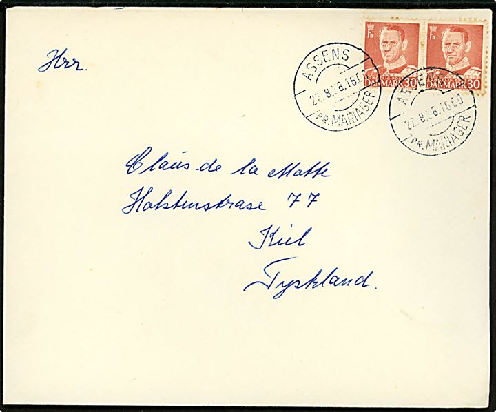 30 øre Fr. IX i parstykke på brev annulleret med pr.-stempel Assens pr. Mariager d. 22.8.1958 til Kiel, Tyskland.