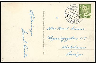 15 øre Fr. IX på brevkort (Christiansø. Udsigt fra Kongens Bastion) annulleret med pr.-stempel Christiansø pr. Svaneke d. 11.8.1950 til Karlshamn, Sverige.