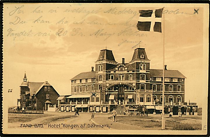5 øre Fr. VIII på brevkort (Fanø Bad, Hotel Kongen af Danmark) annulleret med brotype IIa Fanøbad d. 12.7.1912 til København. 