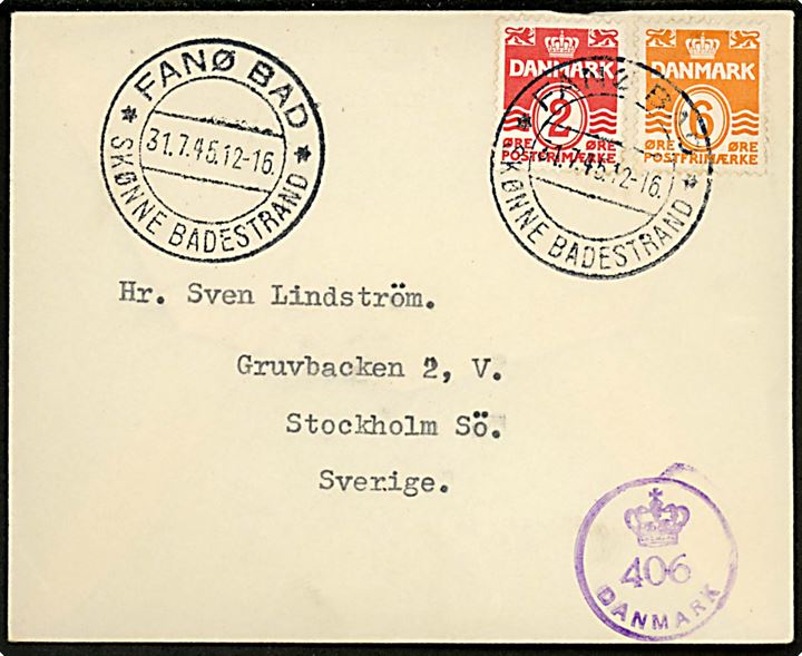 2 øre og 6 øre Bølgelinie på tryksag annulleret med særstempel Fanø Bad * Skønne Badestrande * d. 31.7.1945 til Stockholm, Sverige. Dansk efterkrigscensur (krone)/406/Danmark.