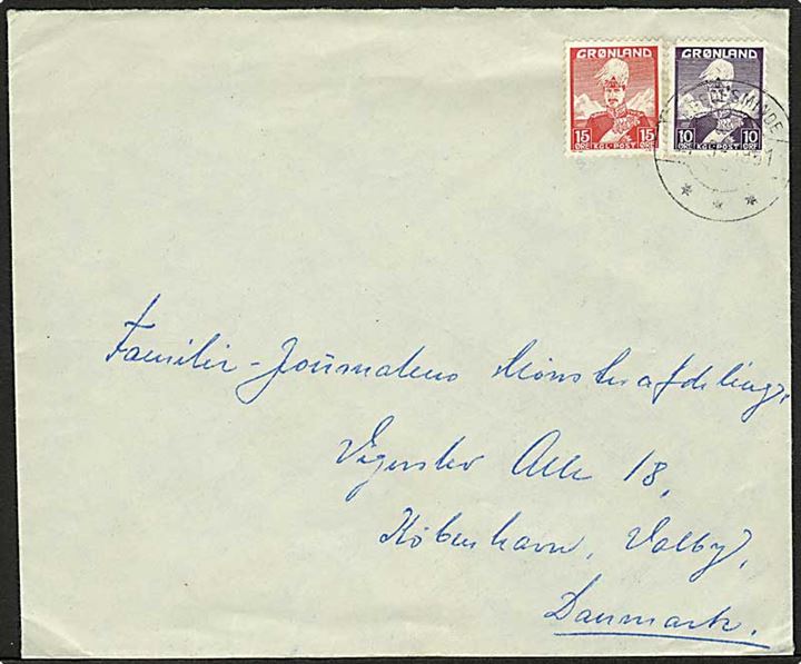 10 øre og 15 øre Chr. X på brev fra Egedesminde d. 14.9.1951 til København.