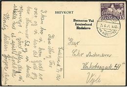 15 øre Postjubilæum på brevkort (Louisenlund, Endelave) annulleret med pr.-stempel Endelave pr. Horsens d. 25.6.1951 og sidestemplet Børnenes Vel / Louiselund / Endelave til Vejle. 