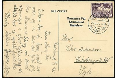 15 øre Postjubilæum på brevkort (Louisenlund, Endelave) annulleret med pr.-stempel Endelave pr. Horsens d. 25.6.1951 og sidestemplet Børnenes Vel / Louiselund / Endelave til Vejle. 