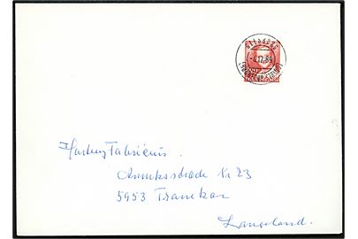 3,20 kr. Margrethe på brev annulleret med postspare parentes stempel Glesborg (Bønnerup Strand) d. 4.12.1989 til Tranekær.