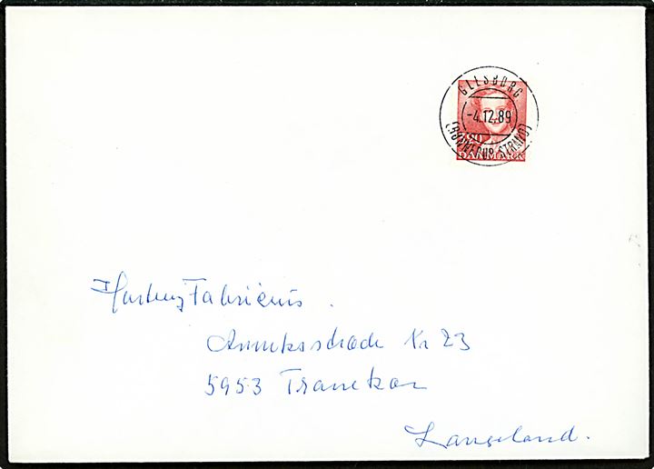 3,20 kr. Margrethe på brev annulleret med postspare parentes stempel Glesborg (Bønnerup Strand) d. 4.12.1989 til Tranekær.