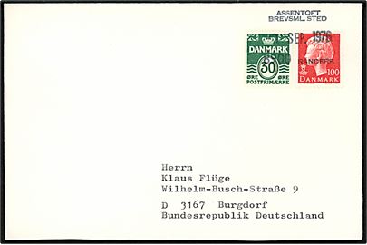 30 øre Bølgelinie og 100 øre Margrethe på brev annulleret med trodat stempel Assentoft Brevsaml.Sted 8900 Randers d. 1.9.1976 til Burgdorf, Tyskland.