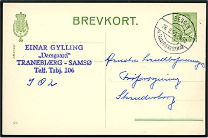15 øre Fr. IX helsagsbrevkort (fabr. 170) annulleret med pr.-stempel Besser pr. Tranebjerg Samsø d. 28.9.1950 til Skanderborg.