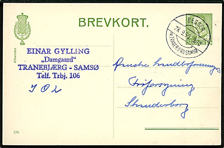 15 øre Fr. IX helsagsbrevkort (fabr. 170) annulleret med pr.-stempel Besser pr. Tranebjerg Samsø d. 28.9.1950 til Skanderborg.