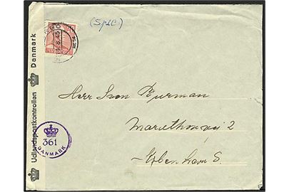 20 öre Gustaf på brev fra Falsterbo d. 14.8.1945 til København, Danmark. Åbnet af dansk efterkrigscensur med (krone)/361/Danmark.