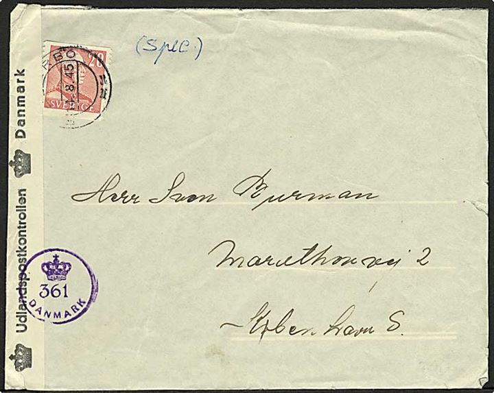 20 öre Gustaf på brev fra Falsterbo d. 14.8.1945 til København, Danmark. Åbnet af dansk efterkrigscensur med (krone)/361/Danmark.