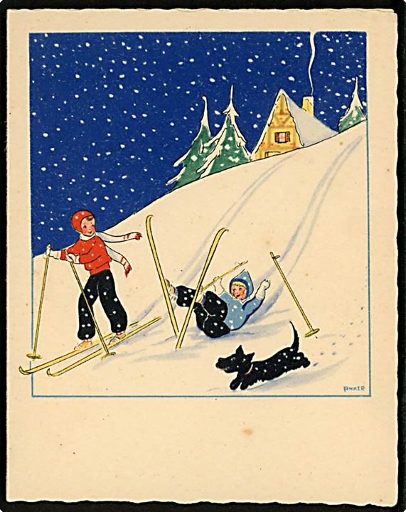 Anker Kjerulff: Julekort med 2 børn på ski og legende hund, dobbeltkort. U/no. 