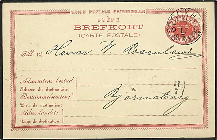 10 öre helsagsbrevkort fra Stockholm d. 17.7.1882 via Åbo til Björneborg, Finland.