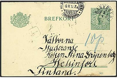 5 öre Gustaf underfrankeret helsagsbrevkort fra Bankeberg d. 5.4.1917 til Helsingfors, Finland. Sort T stempel og finsk 10 pen. porto.