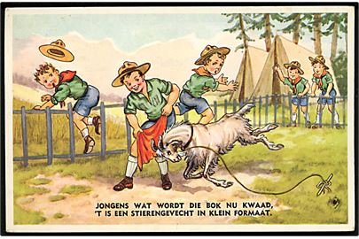 Hollandske spejdere lejer tyrefægtning med en ged!. Trykt i Belgien, Coloprint no. 54568/2.