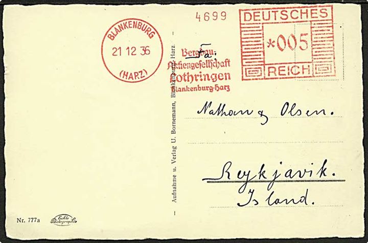 5 pfg. firmafranko frankeret brevkort sendt som tryksag fra Blankenburg d. 21.12.1936 til Reykjavik, Island.