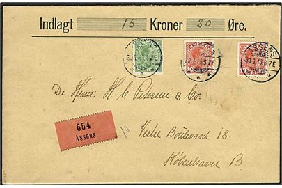 5 øre og 10 øre (2) Chr. X på værdibrev fra Assens d. 30.1.1915 til København.